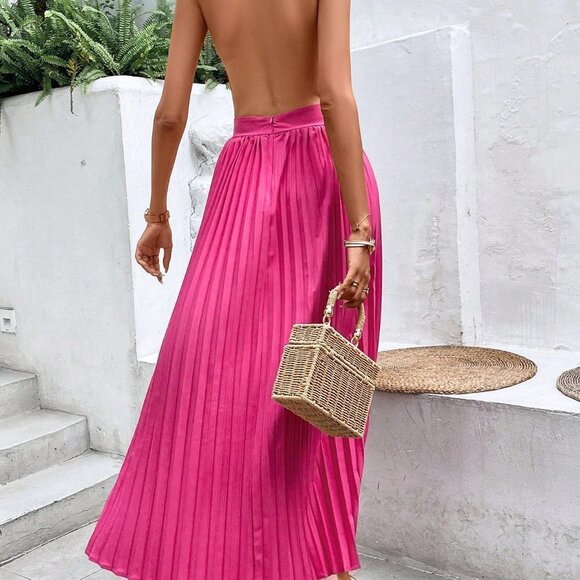 Pink Preppy Womens Cut Out Pleated Hem Halter Neck Backless Dress - Picture 3 of 5